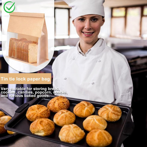SixWeKit 50 Pack 11" 8.66" 4.33" Packaging Kraft Paper Bread Bags with Clear Window, x x Bakery Sourdough Bags Tin Tie