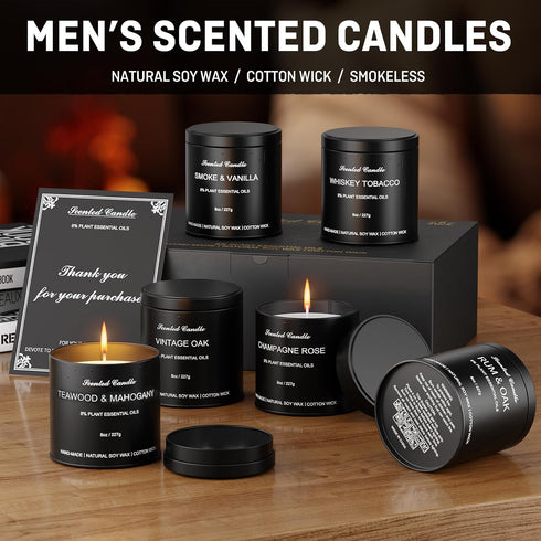 HOMAMAMOON 6 Pack Set, 8oz Scented Candles for Men - Masculine Scented Candles Natural Soy Wax Candles with Essential