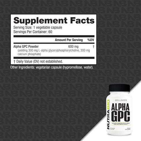 NutraBio Alpha GPC - Brain Support & Improved Memory Function, 300mg, 60 Vegetable Capsules