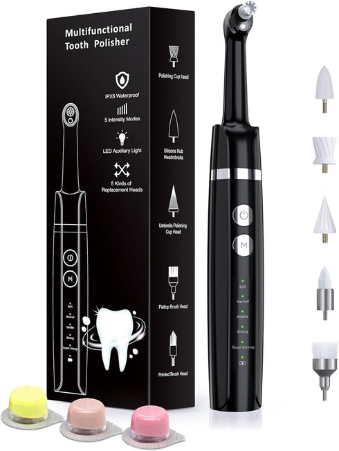 Tooth Polisher, Rechargeable Whitening Kit for Teeth Cleaning, 3 Tooth Polish Paste, 5 Brush Heads, LED Light, At-Home