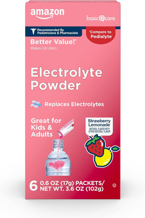 Amazon Basic Care Electrolyte Powder Packets, Strawberry Lemonade, 6 Count (Pack of