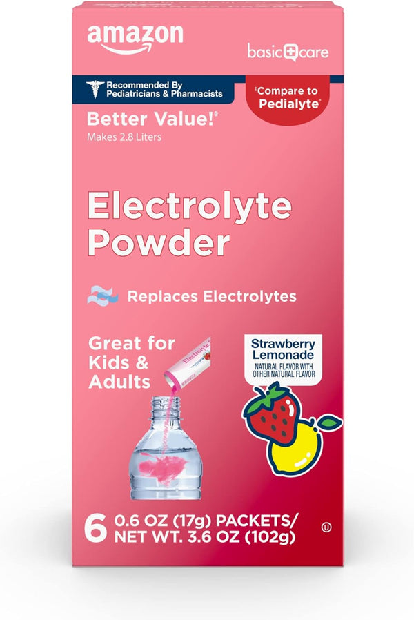 Amazon Basic Care Electrolyte Powder Packets, Strawberry Lemonade, 6 Count (Pack of