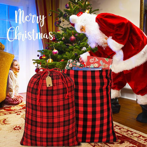 HRX Package 2 Pcs Cotton Santa Bag, 28x20 Inch Plaid Fabric Drawstring Christmas Bags with Gift Tag
