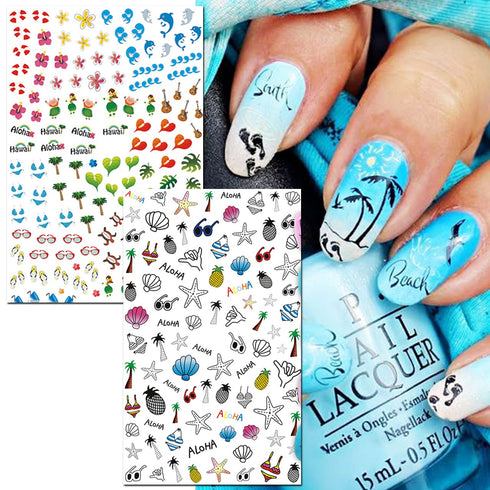 TailaiMei Summer Beach Nail Stickers - 1500+ Pcs Self-Adhesive DIY Nail Art Decals, Shark Nautical Turtle Design (12