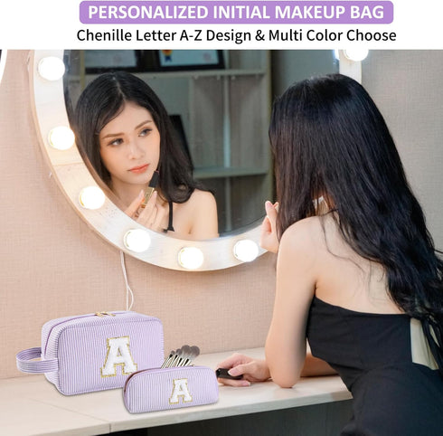2pcs Personalized Initial Makeup Bag A-Z, Monogram Travel Toiletry Bag for Women & Teen Girls, Purple, E