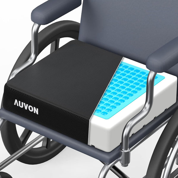 AUVON Cooling Gel Wheelchair Seat Cushion for Sciatica, Back Pain Relief, Breathable Memory Foam with Anti-Slip Cover