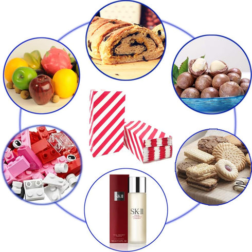 Red Striped Paper Bags, Mini Party Goody Bags for Kids Birthday Party Supplies (50 CT, 3.5×2.3×7 in)