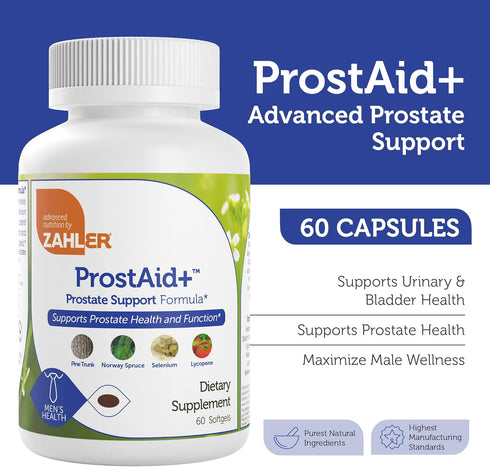 Zahler ProstAid+ Prostate Supplements for Men - Lycopene & Norway Spruce for Urine Flow, Prostate Support, 60