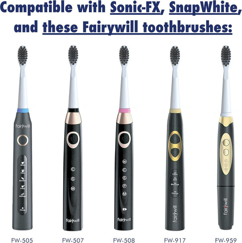 Replacement Electric Toothbrush Heads for Fairywill, Sonic-FX, SnapWhite, Pack of 8, Soft Nylon Charcoal Bristle