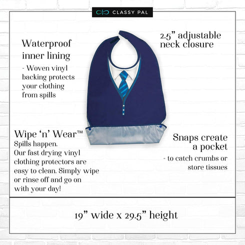 Adult Bibs for Men, Wipe ‘n Wear Clothing Protectors for Eating, Waterproof, Reusable, Washable Crumb Catcher (Blue Tie)