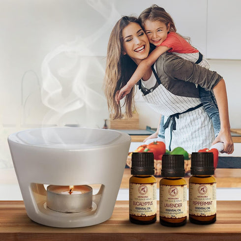 Set Set 3*10ml 3 Aromatherapy - Oil Burner White & Essential Oils - Peppermint Essential Oil - Lavender Essential Oil