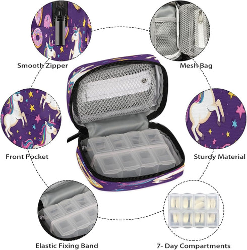 Skerhhux 7 Purple Cartoon Unicorn Pill Case Travel Pill Organizer Weekly Day Portable with Zipper Medicine Box Pill