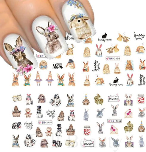 12 Sheets Rabbit Nail Stickers, Animal Water Transfer Nail Decals, Holographic Art Sticker for Women Girls