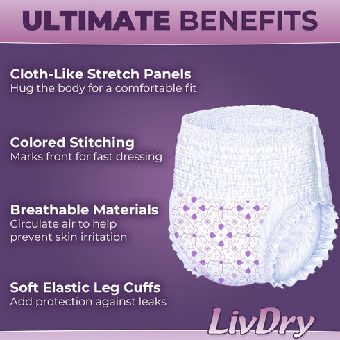 Livdry Adult Diapers for Women, Premium Incontinence Underwear, Comfortable and Absorbent for All Day or Overnight