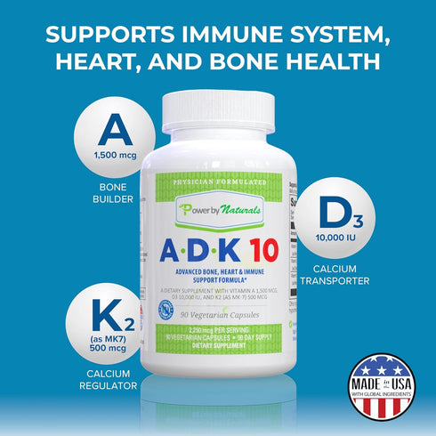 Power By Naturals ADK Vitamin Supplement: High Potency Vitamin A, D3 & K2, 10000 IU for Heart, Immune & Strength, 90