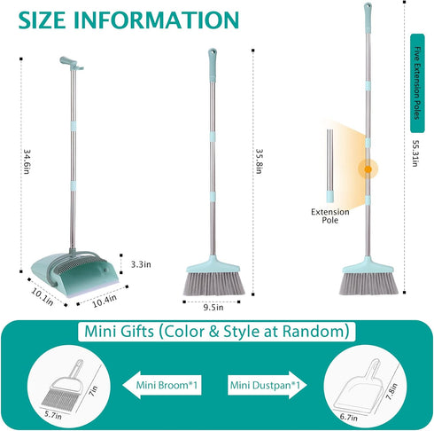 XXXFLOWER Broom and Dustpan Set for Home, 55” Long Handle Broom with Dustpan Cleaning Teeth Combo