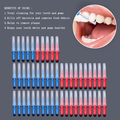 ewinever 50 Count Interdental Brush, Toothpick Tooth Flossing Head, Oral Dental Hygiene Tool (Red+Blue)