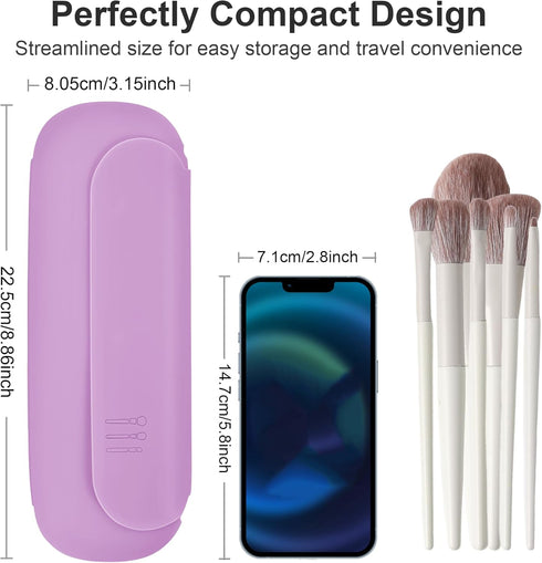Travel Makeup Brush Holder - Silicon Portable Cosmetic Face Brushes Organizer with Built-in Cleaner (Purple)