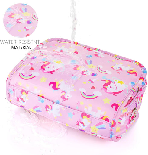 Kids Hanging Toiletry Bag for Girls, Travel Waterproof Wash Bag for Little Young Girls Cosmetic Makeup, Unicorn Pink