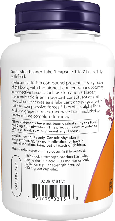 NOW Supplements Hyaluronic Acid 100 mg Double Strength with L-Proline, Alpha Lipoic Acid, Grape Seed Extract, 120 Veg