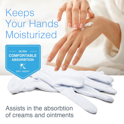 Moisturizing Eczema 100% Premium Cotton Gloves, Large, White, Cara, 1 Pair