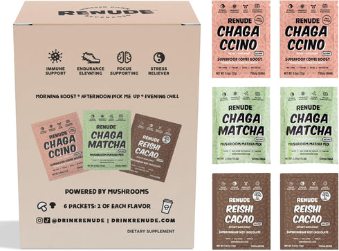 Renude Variety Pack - Mushroom Matcha, Coffee & Hot Chocolate, Cacao Powder,