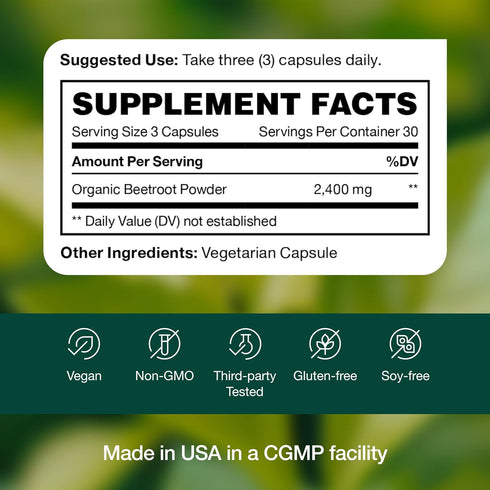 Fresh Nutrition Organic Beet Root Capsules - 2400mg Antioxidant Support, Vegan, Non-GMO, Gluten-Free