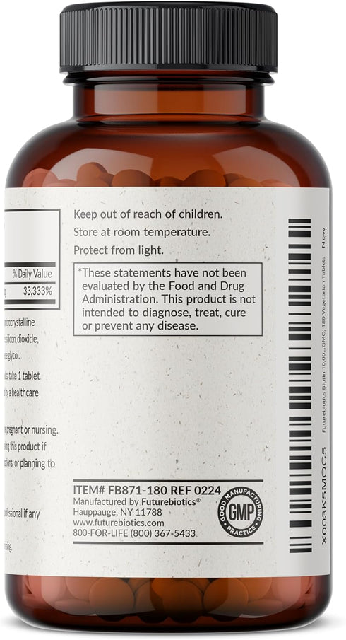 Futurebiotics Biotin 10,000 MCG Tablets for Healthy Hair, Skin & Nails, 180 Vegetarian Tablets