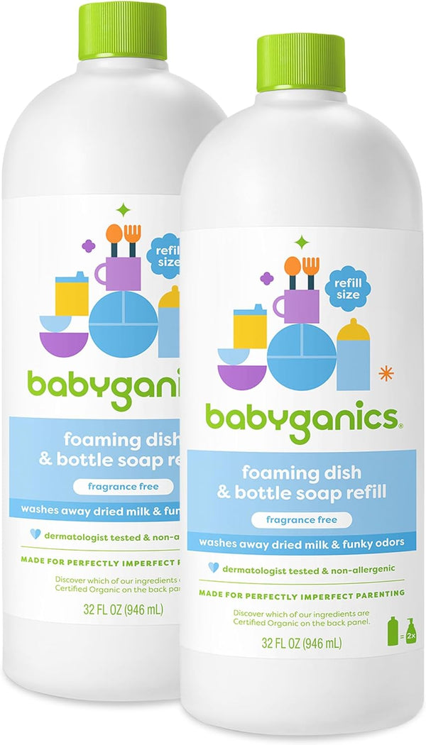 Babyganics Foaming Dish & Bottle Soap, Fragrance Free, Plant-Derived Cleaning Power, 32 Fl Oz (Pack of 2)