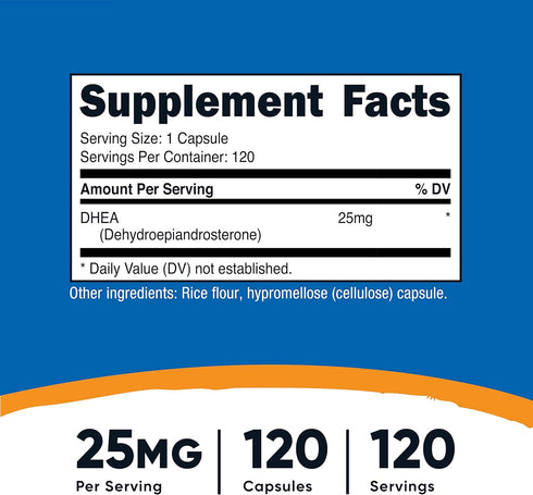 Nutricost DHEA 25mg, 120 Capsules - Gluten Free, Soy Free, Non-GMO, Supplement