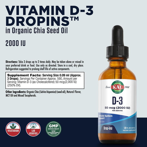 KAL Vitamin D3 2000 IU (50 mcg) DropIns, Liquid Vitamin D3 Drops for Bone Strength and Immune Support