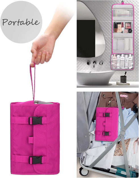 Relavel Hanging Travel Toiletry Bag for Women, Large Capacity Waterproof Organizer for Makeup and Accessories (Hot Pink)