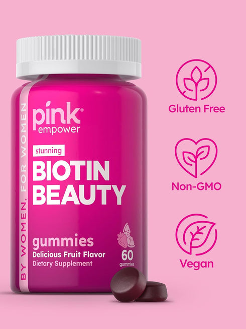PINK Biotin Gummies for Women, 60 Count, Vitamin for Hair, Skin and Nails, Non-GMO & Gluten Free