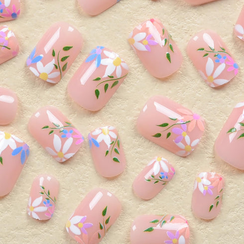 Press on Nails Short Square, 24Pcs Fake Nails with Designs, Glossy Glue on Acrylic Artificial Nails for Women