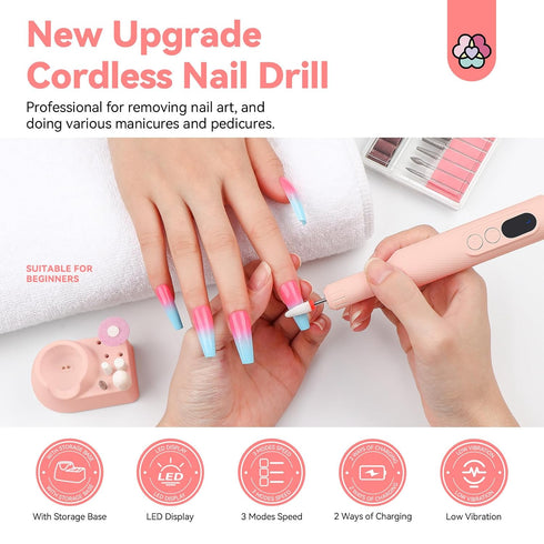 SAVILAND Professional Electric Nail File: 20000RPM Portable Efile Nail Drill Pink Rechargeable Nail Drill with Base for Nail Grinding & Polishing Gel Acrylic Nails Faster Remover Salon at Home