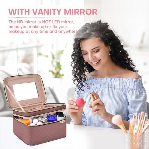 Large Makeup Bag with Mirror, Double Layer Travel Organizer Case, High Capacity Cosmetic Bag with Brush Slot Divider