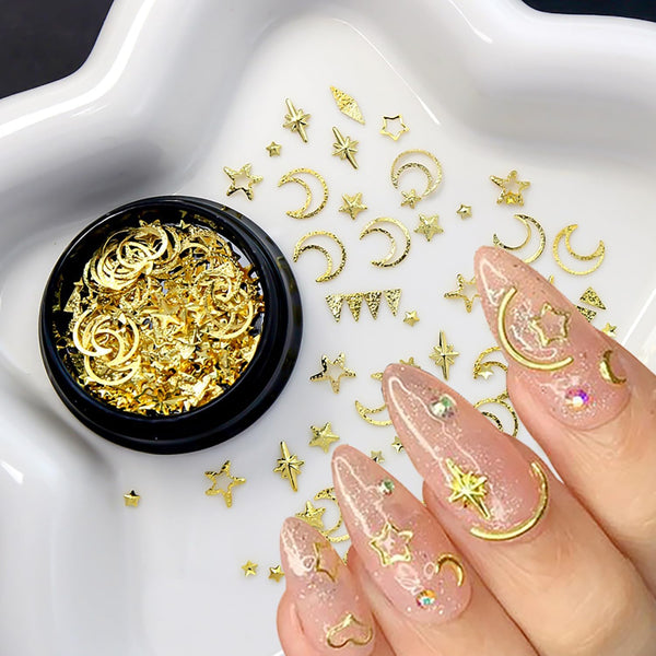 2 Box Gold Star Moon Nail Charms, 3D Metallic Studs Rhinestones for Women Girls Nail Art