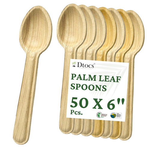 Palm Leaf Spoons 6 Inches (50 Count), Bamboo Spoons, Eco-friendly Compostable Disposable Cutlery for Parties