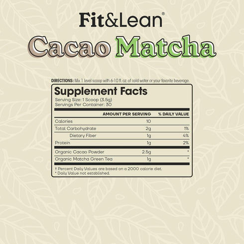 Fit & Lean Cacao Matcha Green Tea Powder – Organic, Japanese Ceremonial Grade, Superfood, Antioxidants, Energy, Mood,