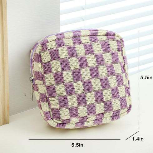 Small Makeup Bag for Purse, Mini Checkered Cosmetic Zipper Pouch, Travel Organizer for Women and Girls