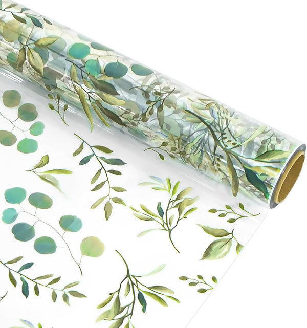 Whaline Eucalyptus Cellophane Wrap Roll, 16 Inch x 100 Ft Greenery Clear Wrapping Paper for Gift Basket Wedding Party