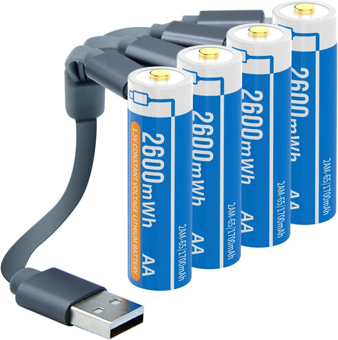 Henreepow 1.5V AA Lithium Rechargeable Batteries, High Capacity 2600mWh (1700mAh) with 4 in 1 USB Charging Cable (4