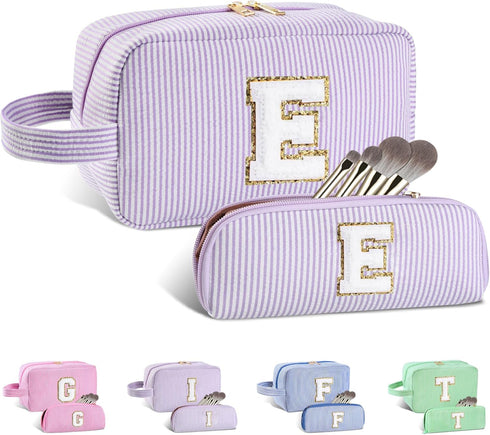 2pcs Personalized Initial Makeup Bag A-Z, Monogram Travel Toiletry Bag for Women & Teen Girls, Purple, E