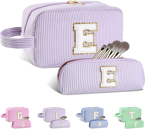 2pcs Personalized Initial Makeup Bag A-Z, Monogram Travel Toiletry Bag for Women & Teen Girls, Purple, E