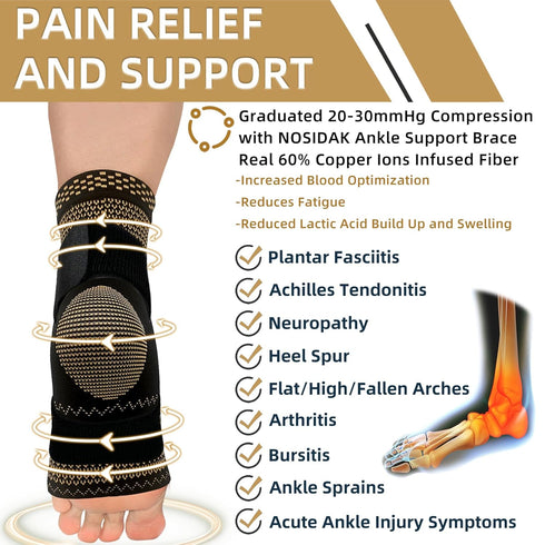 Copper Ankle Brace with Ankle Wrap - 20-30mmHg Compression Sleeve for Plantar Fasciitis Relief & Joint Pain