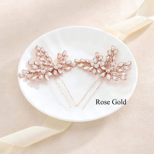 Unicra Wedding Crystal Flower Hair Pins, Decorative Bridal Hair Accessories Pack of 2 (Rose Gold)