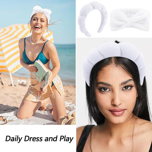 VELSCRUN 6 Pack Spa Headband, Makeup Headband, Face Wash Headband, White Sponge Hair Band Bow Tie for Women