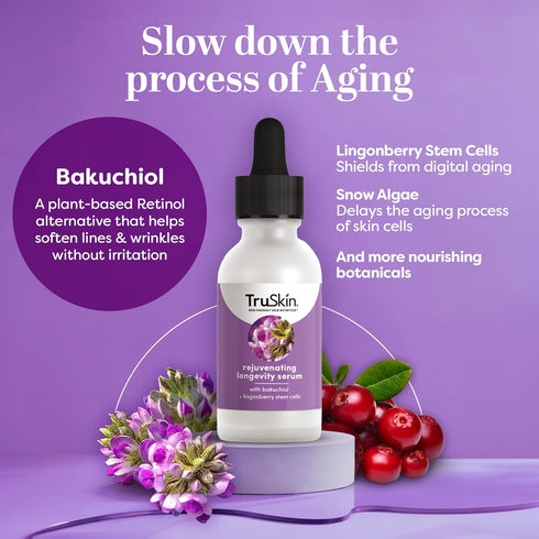 TruSkin Longevity Bakuchiol Serum - 1 fl oz Rejuvenating Face Serum with Lingonberry Stem Cells & Snow Algae
