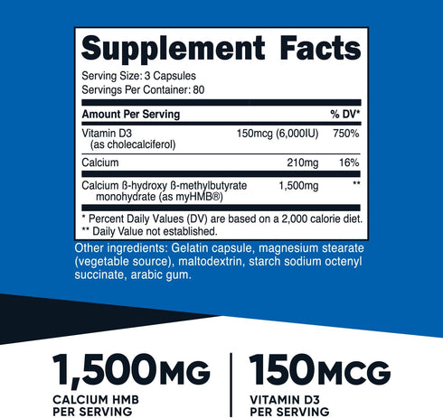 Nutricost HMB (1500mg) and Vitamin D3 (6000 IU) Supplement - 240 Capsules, 80 Servings - Gluten Free and Non-GMO