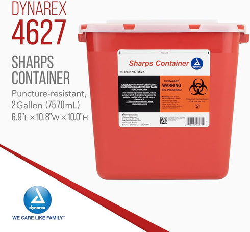 Dynarex Sharps Container, Safe Disposal of Medical Waste and Needles, 2 Gallons, Red with Transparent Lid
